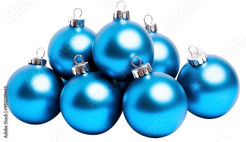 Close Up Front View To a Set of Decorted Christmas Blue balls PNG isolated on white and transparent background - Holiday Christmas Tree Ornaments Colorful Glitter balls Xmas Festive Celebration photo