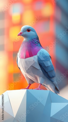 A pigeon in a stylized 3D illustration, featuring geometric shapes and a modern design. photo