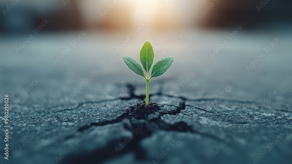 Resilient Green Sprout Emerging Through Cracked Concrete into Sunlight - Concept of Growth and Strength in Adversity Resilient Green Sprout Emerging Through Cracked Concrete into Sunlight - Concept of Growth and Strength in Adversity