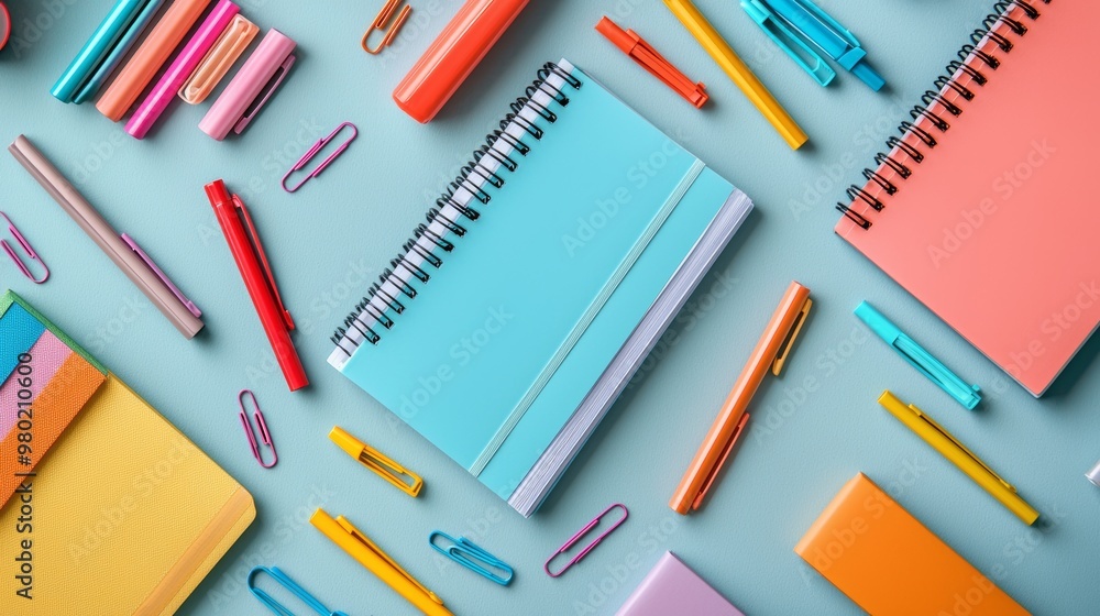 Colorful Stationery Flat Lay with Notebooks Pens and Paperclips on Blue Background Colorful Stationery Flat Lay with Notebooks Pens and Paperclips on Blue Background