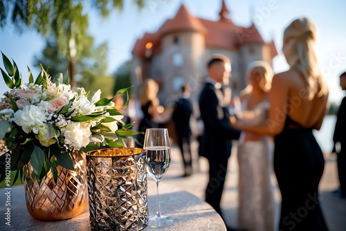 A wedding taking place on the grounds of Trakai Castle, with the historic building providing a majestic backdrop