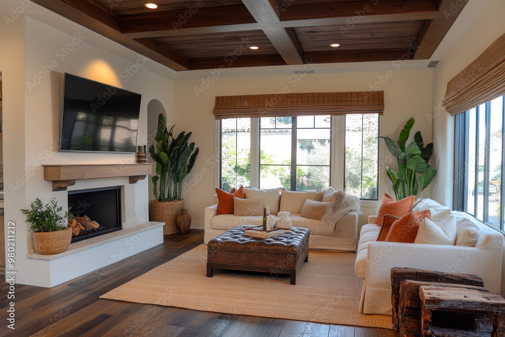 Fototapeta premium Modern American style living room with wood flooring and brown accents