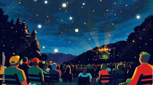 An illustrated scene of festival-goers watching a performance under a starry sky