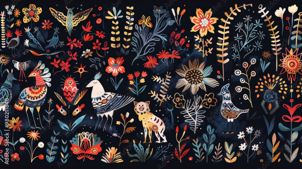 Naklejka premium An illustrated scene of Native Scandinavian textiles with Nordic folk art designs