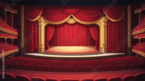 Grand Theater with Stage, Red Velvet Curtains, and Royal Spectators in Dramatic Cartoon Style

