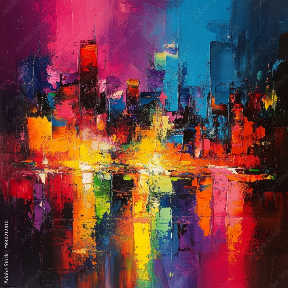 Fototapeta premium Abstract Cityscape Painting with Vibrant Colors and Thick Brushstrokes