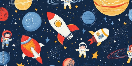 a space themed lunch napkin with rockets and planets, Quirky and fun space-themed pattern featuring planets and rockets photo