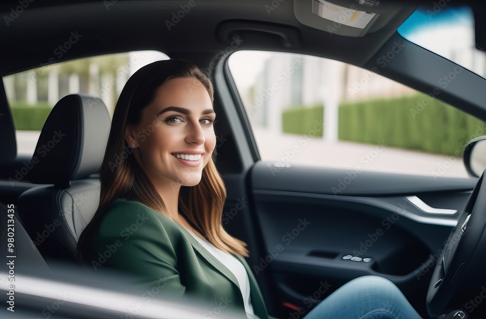Attractive and confident young woman driving a luxury car, view from the car interior on a sunny day Attractive and confident young woman driving a luxury car, view from the car interior on a sunny day