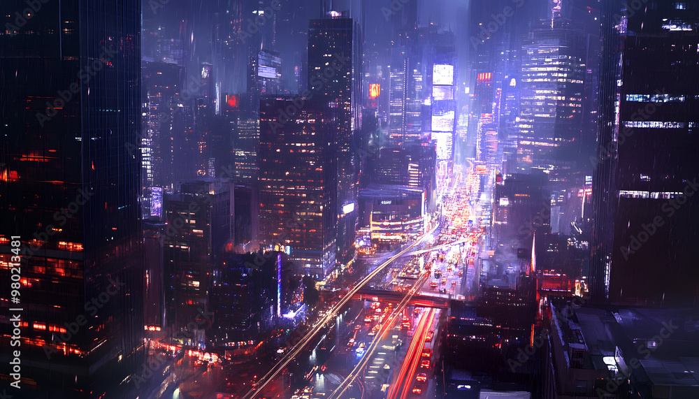 A bustling city at night, with skyscrapers illuminated and traffic creating streaks of light A bustling city at night, with skyscrapers illuminated and traffic creating streaks of light