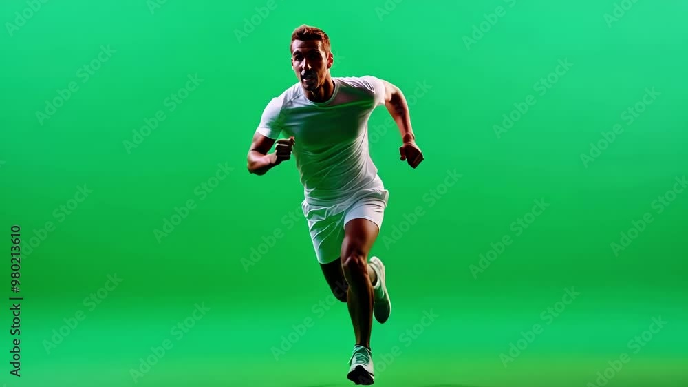 Fit young man in athletic wear is sprinting in place against a green screen background, perfect for visual effects and compositing Fit young man in athletic wear is sprinting in place against a green screen background, perfect for visual effects and compositing