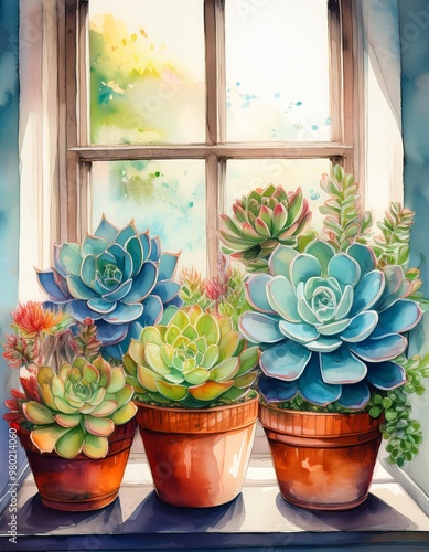 Colorful succulent plants in pots on windowsill. Watercolor illustration