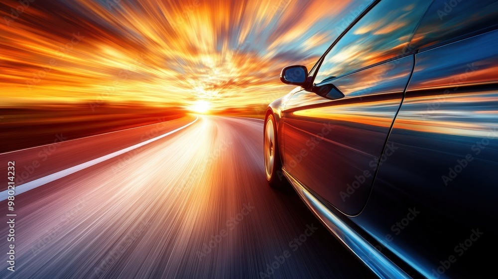 Obraz premium Lone car driving on a deserted highway at sunset, golden light reflecting off the hood, symbolizing solitude and freedom. Silhouette sharply contrasts vibrant sky