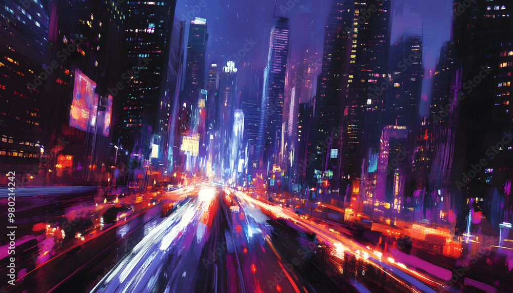 Obraz premium A bustling city at night, with skyscrapers illuminated and traffic creating streaks of light