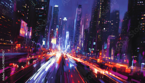 A bustling city at night, with skyscrapers illuminated and traffic creating streaks of light