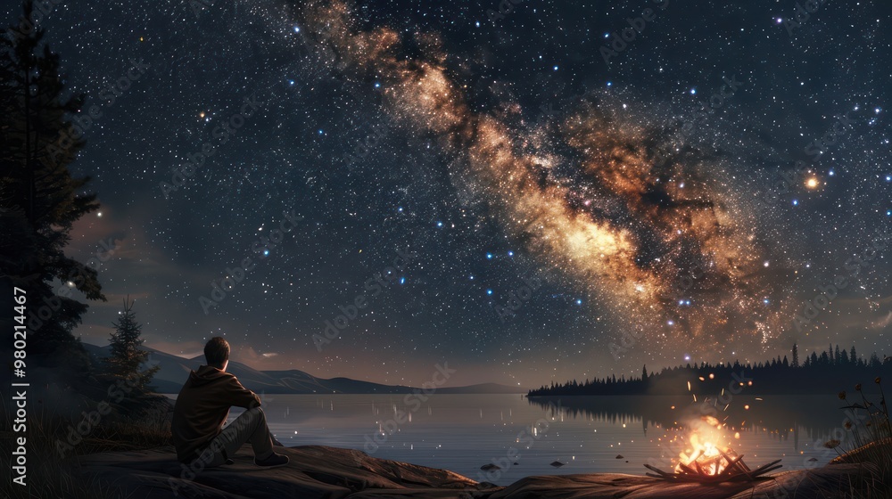 Amidst the tranquility of the wilderness, a solitary figure enjoys the warmth of a bonfire against the backdrop of the dazzling Milky Way, a testament to the beauty of nature. Amidst the tranquility of the wilderness, a solitary figure enjoys the warmth of a bonfire against the backdrop of the dazzling Milky Way, a testament to the beauty of nature.