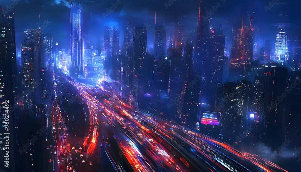 Fototapeta premium A bustling city at night, with skyscrapers illuminated and traffic creating streaks of light