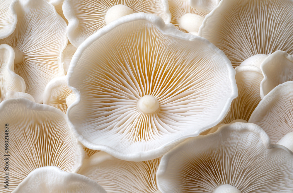A close up of fresh oyster mushrooms with visible gills and white color arranged in an elegant pattern A close up of fresh oyster mushrooms with visible gills and white color arranged in an elegant pattern