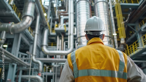 close-up of industrial pipes of oil refinery, back of engineer, technician, reading drawing, drawing, industrial engineering, blueprint, industrial background.