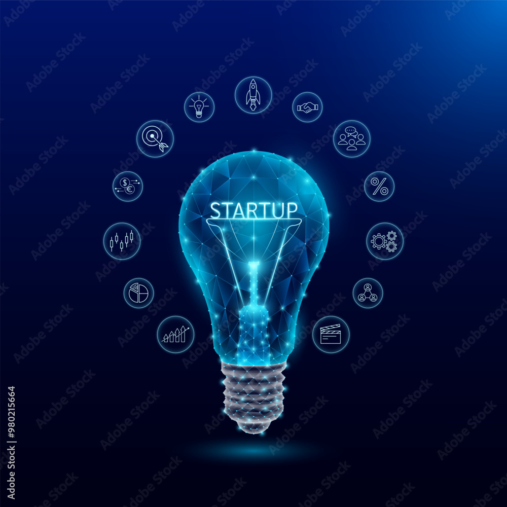 Start UP with big idea creative launching product. Business plan project management. Light bulb surrounded by finance and investment icons. Experience metaverse digital. Stock market growth. Vector Start UP with big idea creative launching product. Business plan project management. Light bulb surrounded by finance and investment icons. Experience metaverse digital. Stock market growth. Vector