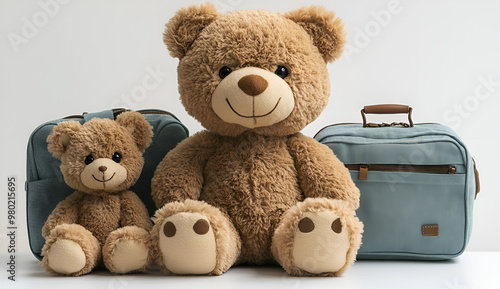 Three teddy bears are positioned beside a blue suitcase, creating a charming and whimsical scene. photo