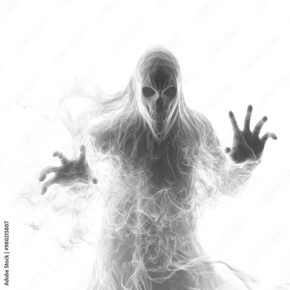 A powerful ghost, isolated on white, with energy radiating from its hands and ghostly form A powerful ghost, isolated on white, with energy radiating from its hands and ghostly form