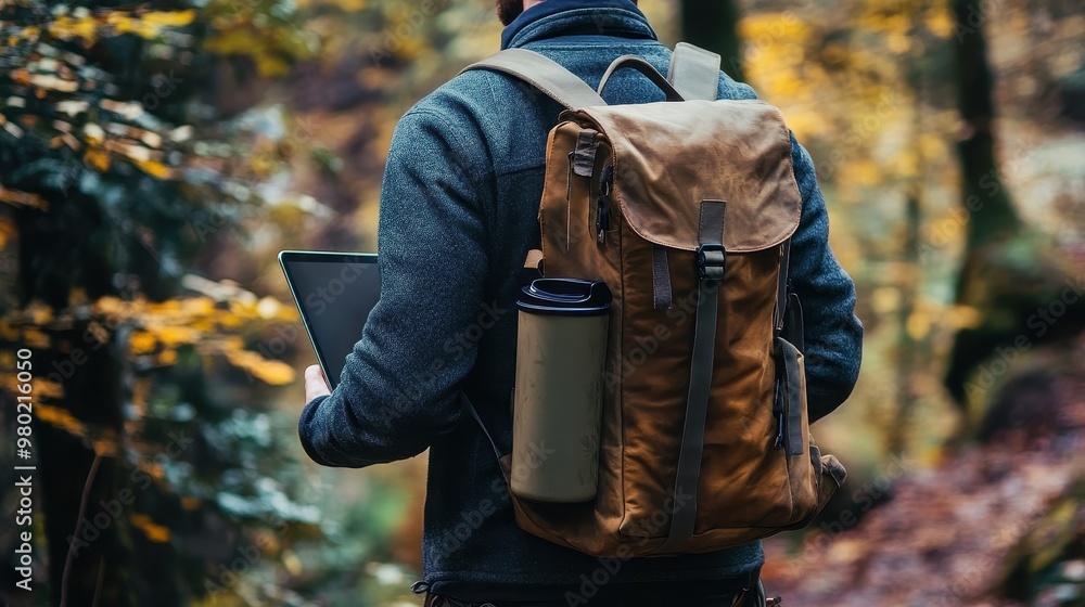 Naklejka premium Man with Backpack and Laptop in Autumn Forest