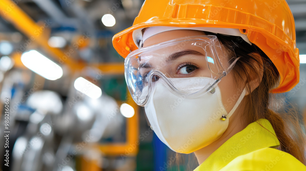 A factory worker in unsafe conditions, wearing safety helmet and goggles, highlights importance of safety in industrial environments. image captures moment of awareness and caution A factory worker in unsafe conditions, wearing safety helmet and goggles, highlights importance of safety in industrial environments. image captures moment of awareness and caution