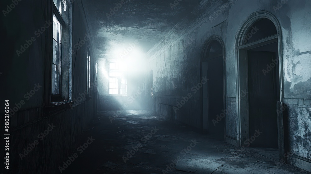 A somber and atmospheric scene of an abandoned, eerie asylum visited by dark tourism travelers, with fog rolling in and shadows playing against the decaying walls A somber and atmospheric scene of an abandoned, eerie asylum visited by dark tourism travelers, with fog rolling in and shadows playing against the decaying walls