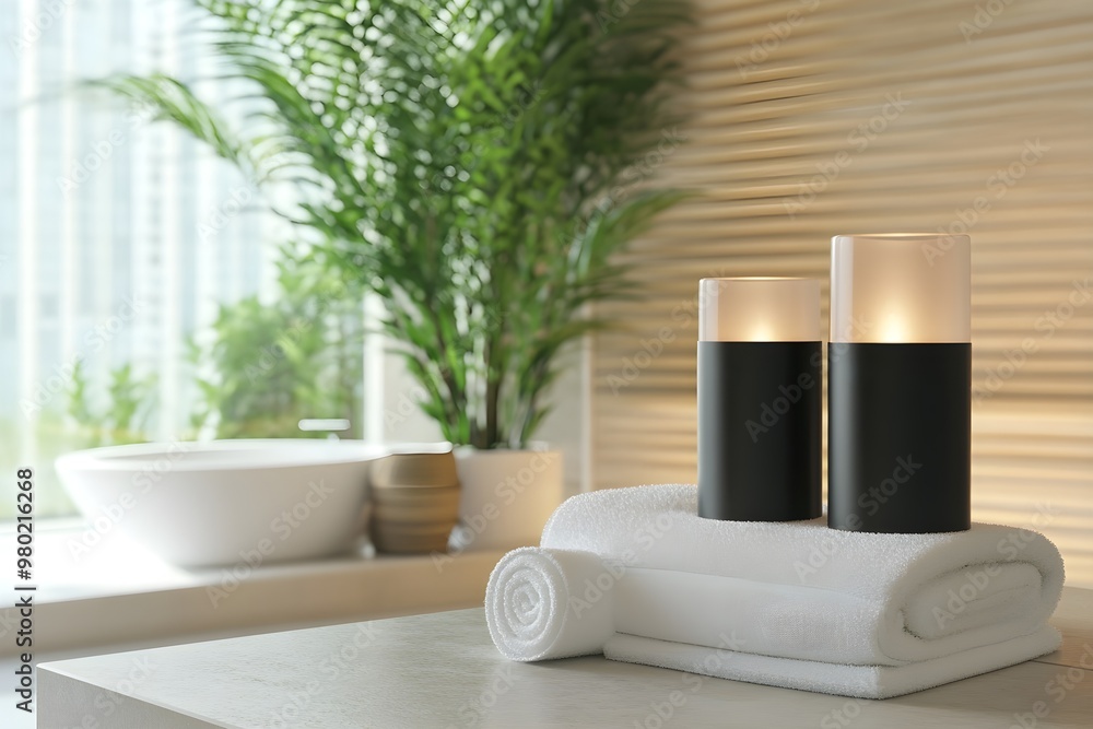 A bathroom with a white towel on a counter next to two black candles A bathroom with a white towel on a counter next to two black candles