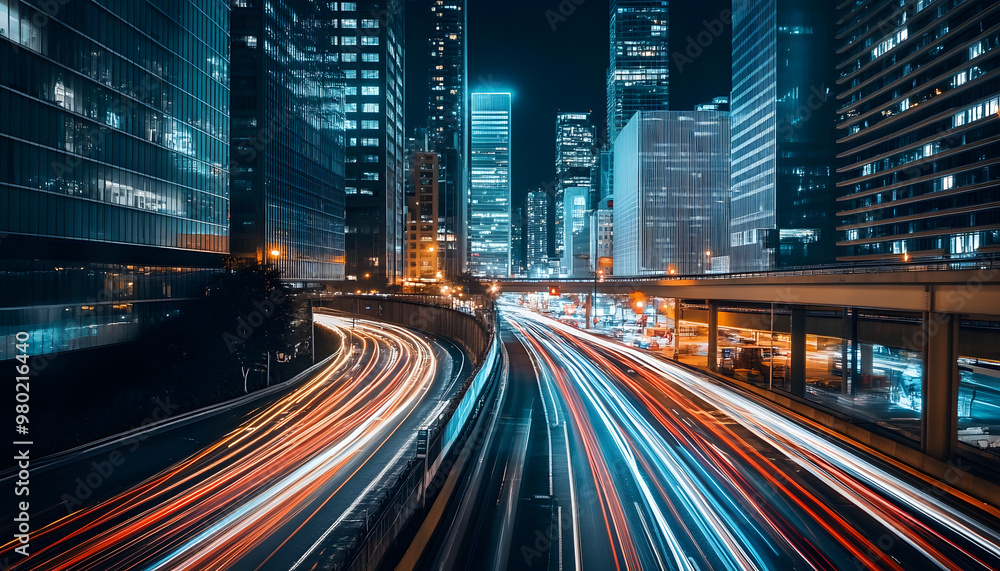 Fototapeta premium A bustling city at night, with skyscrapers illuminated and traffic creating streaks of light
