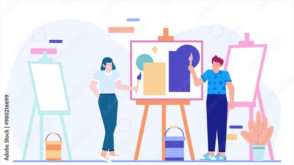 Illustration of two artists painting abstract shapes on easels capturing creativity and collaboration in a modern art studio setting animated video Illustration of two artists painting abstract shapes on easels capturing creativity and collaboration in a modern art studio setting animated video