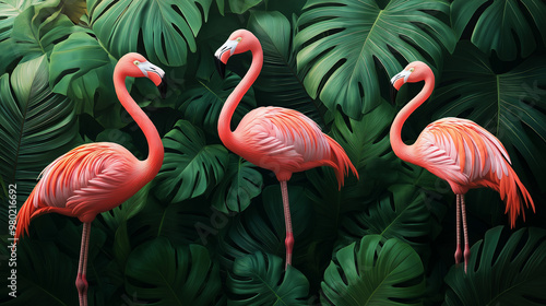 Flamingos and Palm Leaves: A tropical pattern featuring elegant flamingos standing among large palm leaves, repeating in a lively design. The pink flamingos and lush green leaves c