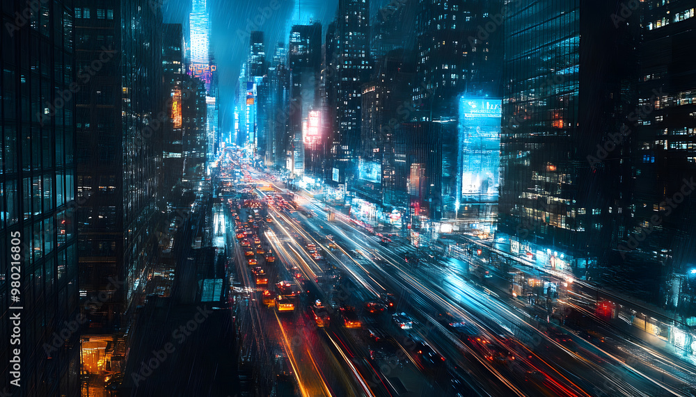 A bustling city at night, with skyscrapers illuminated and traffic creating streaks of light A bustling city at night, with skyscrapers illuminated and traffic creating streaks of light
