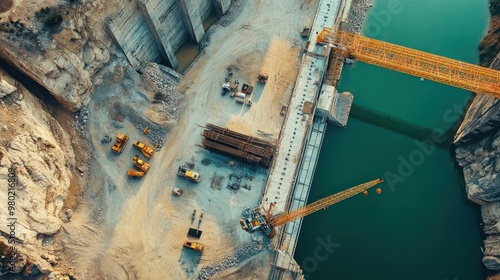 An aerial view of drones constructing a large-scale infrastructure project, such as a bridge or dam, showcasing the efficiency and coordination of drone technology in construction