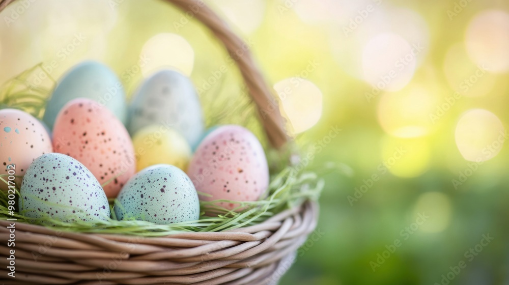 A wicker basket is filled with vibrant speckled Easter eggs, nestled in soft green grass, capturing the essence of spring festivities A wicker basket is filled with vibrant speckled Easter eggs, nestled in soft green grass, capturing the essence of spring festivities