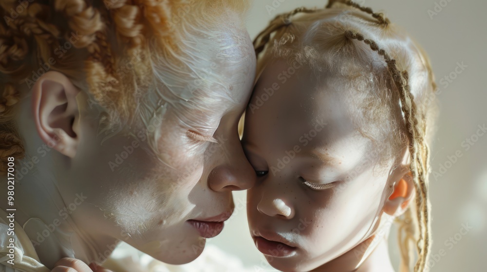 A heartwarming close-up captures the bond between a mother and her child with albinism, their eyes shining with love and connection. A heartwarming close-up captures the bond between a mother and her child with albinism, their eyes shining with love and connection.
