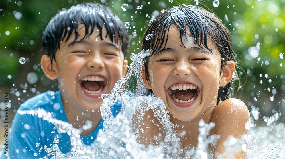 Two children are laughing and playing in the water, enjoying the moment Two children are laughing and playing in the water, enjoying the moment