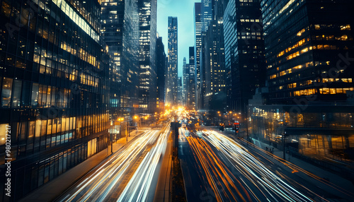 A bustling city at night, with skyscrapers illuminated and traffic creating streaks of light