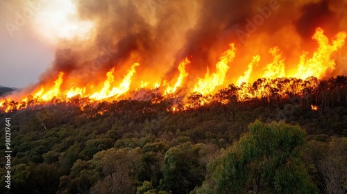 wildfire spreading rapidly through a dry forest