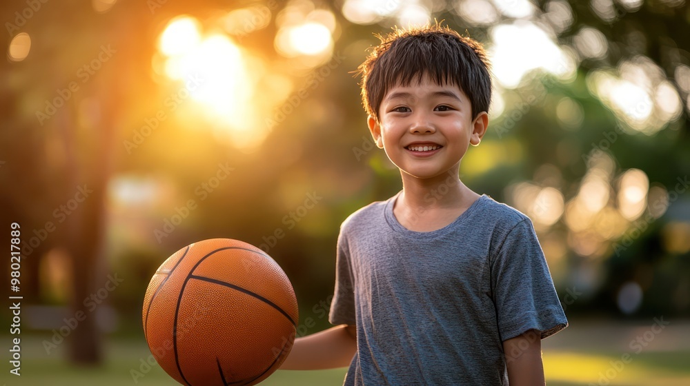 A happy young Asian boy holding basketball walking in park in the evening after school. A happy young Asian boy holding basketball walking in park in the evening after school.