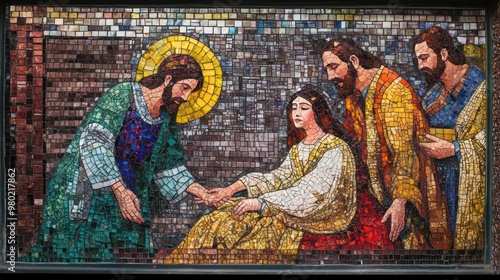 Realistic image of a Colorful mosaic glass with scene of Jesus healing the daughter of Jairus, the synagogue leader, a scene from the New Testament.