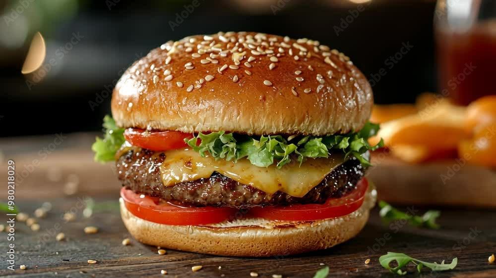 Delicious homemade cheeseburger with lettuce, tomato, and melted cheese on a sesame seed bun Delicious homemade cheeseburger with lettuce, tomato, and melted cheese on a sesame seed bun