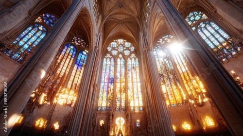 Gothic cathedral with intricate stained glass windows and towering spires