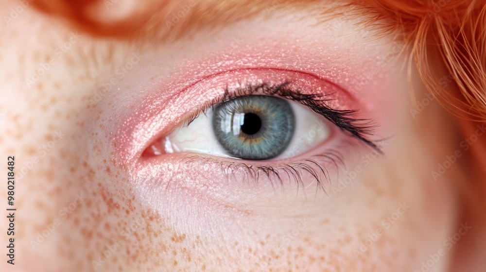 Obraz premium The striking blue iris contrasts beautifully with the pink eyeshadow, highlighting the woman's unique features and vibrant red hair