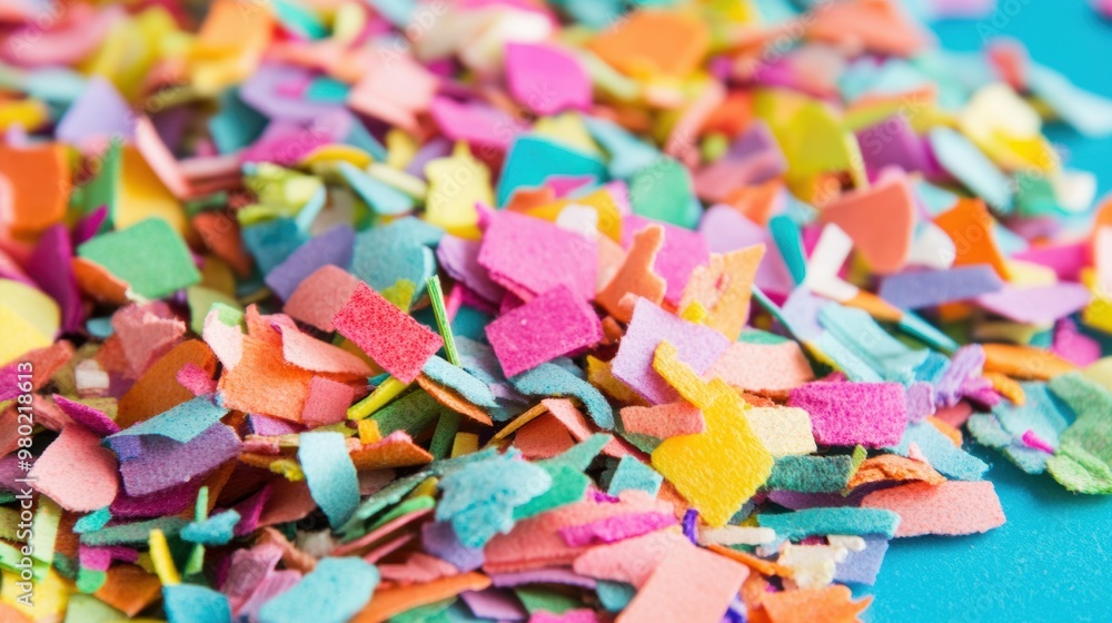 Bright, colorful confetti is scattered across a vivid blue surface, creating a festive and cheerful ambiance perfect for celebrations Bright, colorful confetti is scattered across a vivid blue surface, creating a festive and cheerful ambiance perfect for celebrations