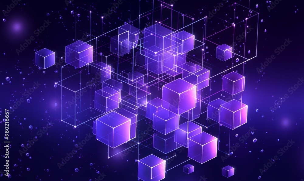 Abstract Background with Geometric Cubes in Purple, Illustrating Technology and Blockchain Concepts on a Dark Blue Background with Holographic Data Transfer Abstract Background with Geometric Cubes in Purple, Illustrating Technology and Blockchain Concepts on a Dark Blue Background with Holographic Data Transfer