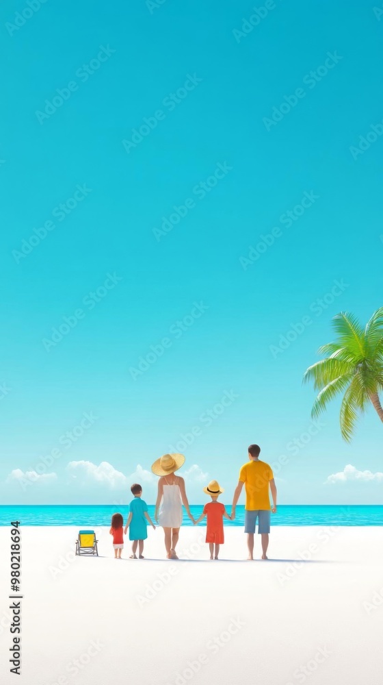 A diverse family on a beach vacation flat design, side view, summer theme, 3D render, Splitcomplementary color scheme A diverse family on a beach vacation flat design, side view, summer theme, 3D render, Splitcomplementary color scheme