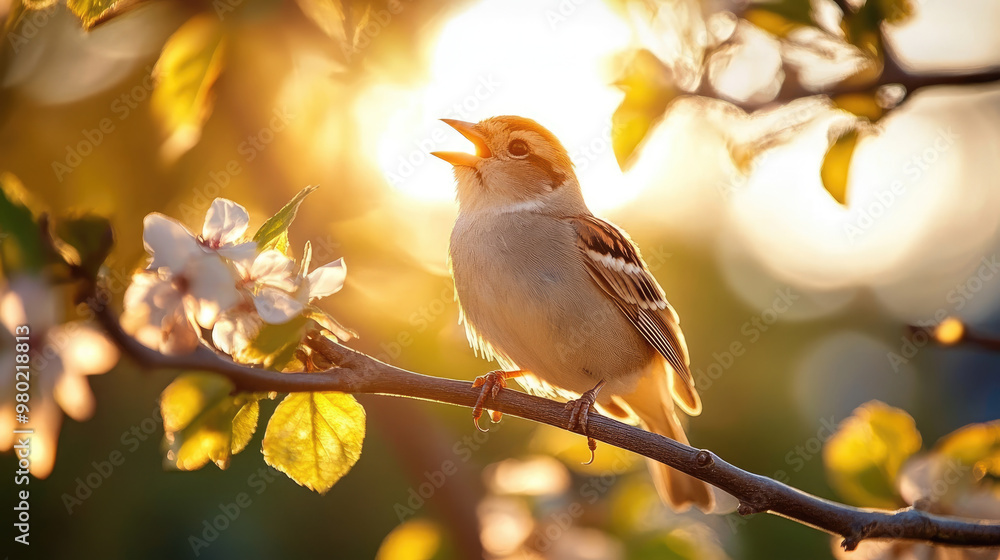 A close up of bird perched on branch, singing joyfully amidst blooming flowers and warm sunlight. scene captures beauty of nature and vibrant life of bird A close up of bird perched on branch, singing joyfully amidst blooming flowers and warm sunlight. scene captures beauty of nature and vibrant life of bird