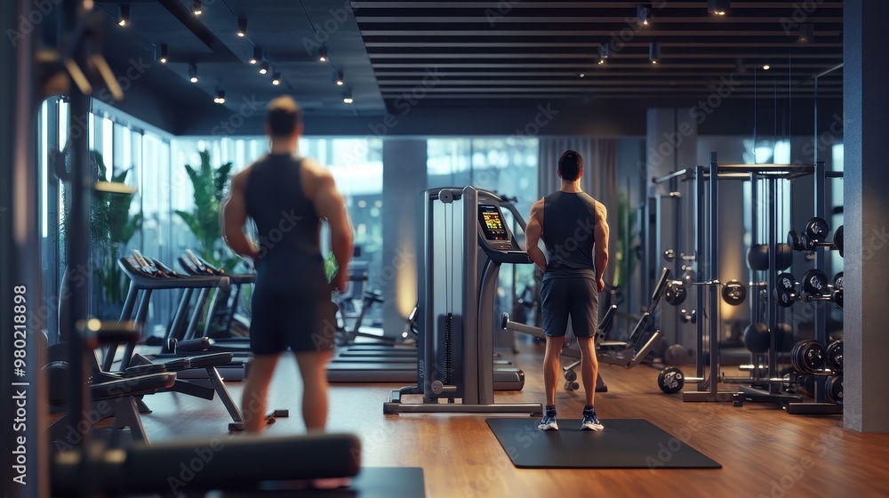 Obraz premium Modern Gym with Two Men Exercising