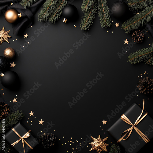 A black background with a gold border and a Christmas tree with a star on it. There are many Christmas decorations including a box with a bow on it